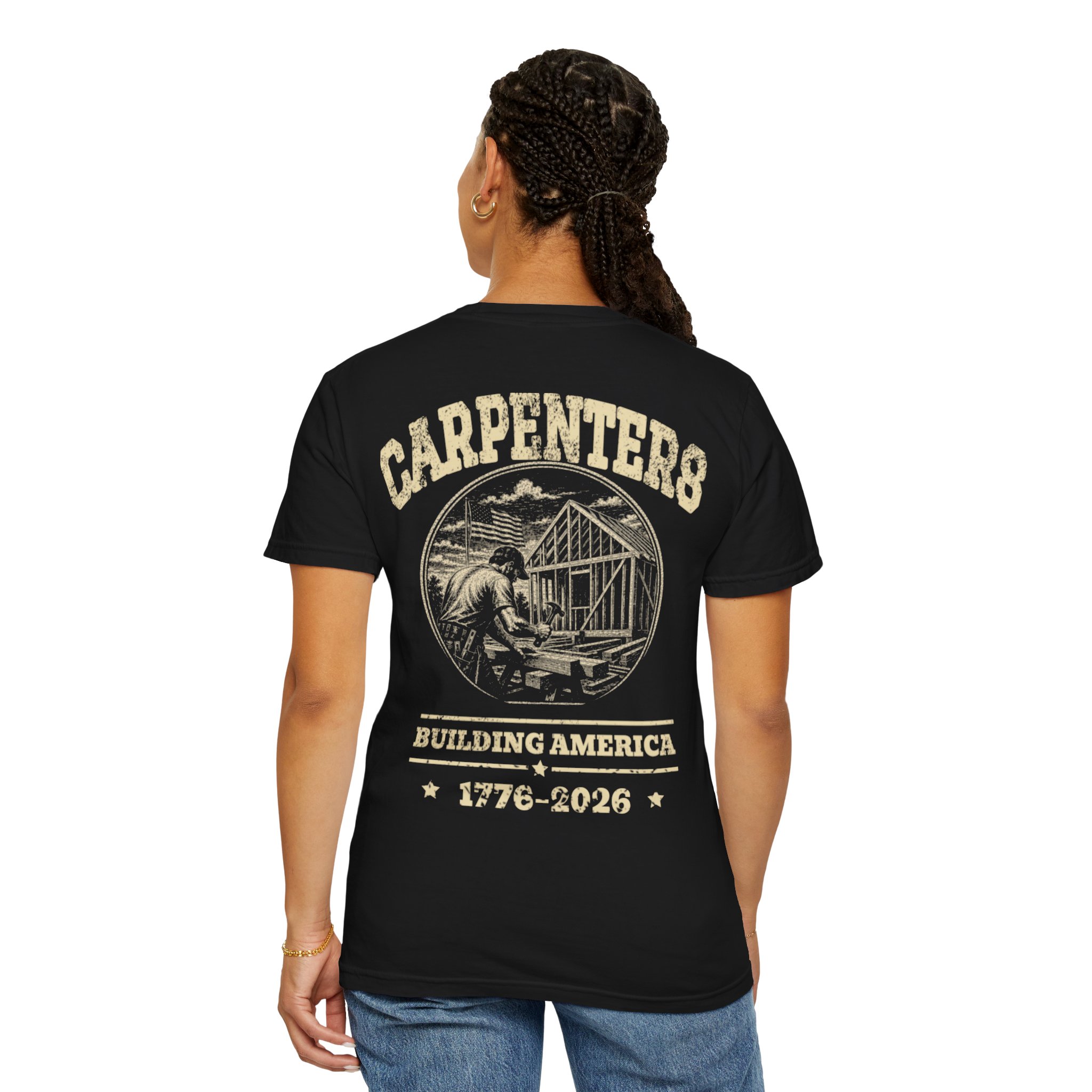 Black Carpenter Building America shirt shown from the back