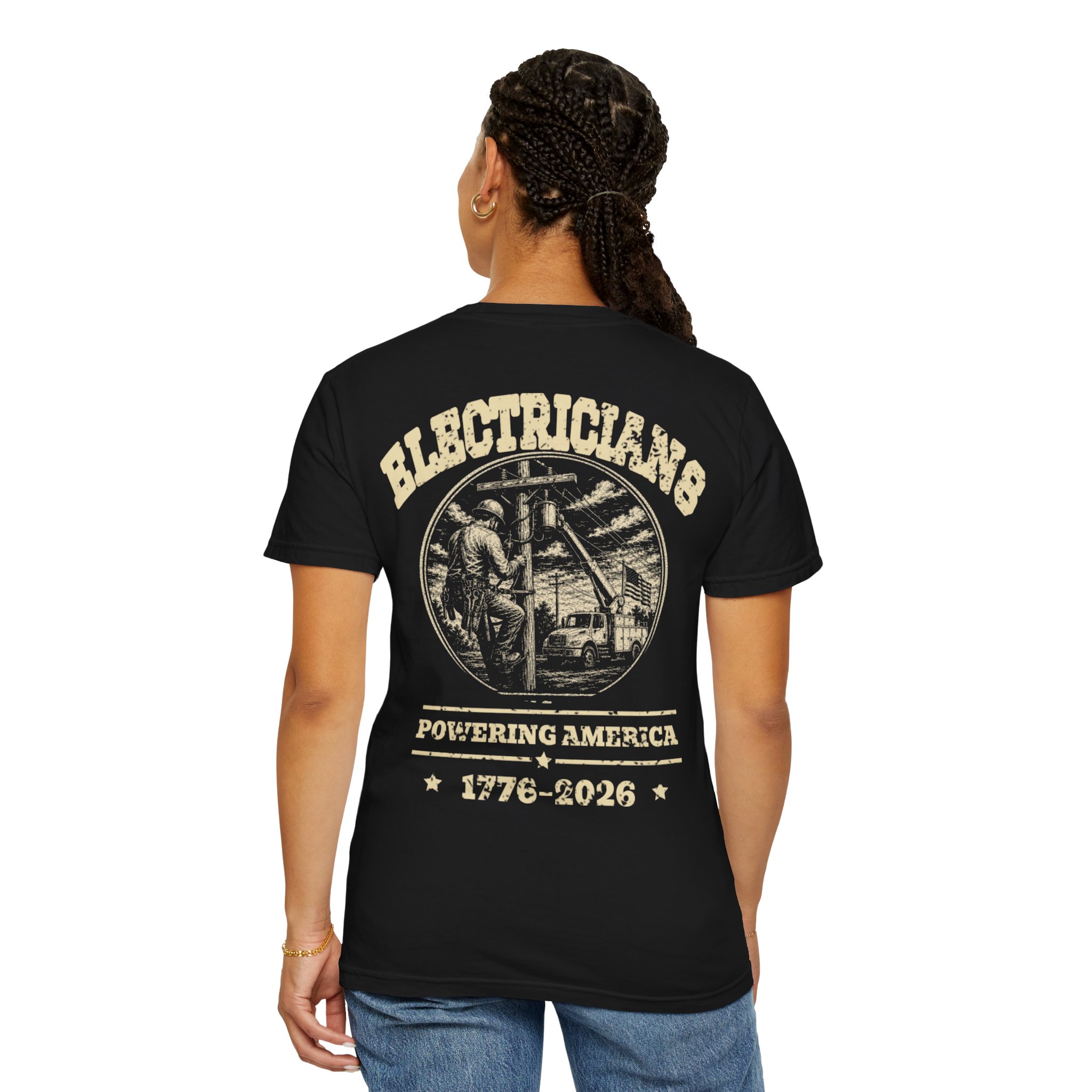 Black Electrician Powering America shirt shown from the back