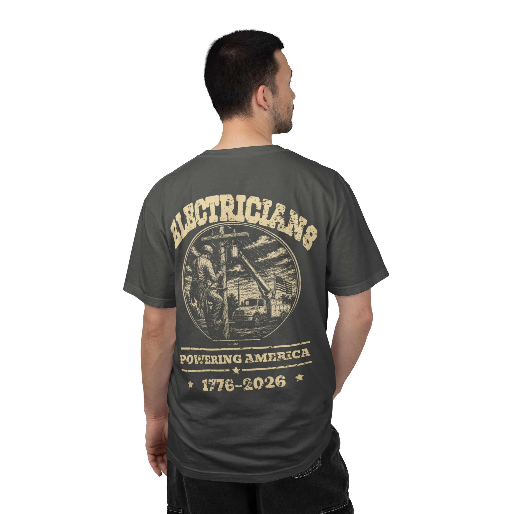 Pepper Electrician Powering America shirt shown from the back