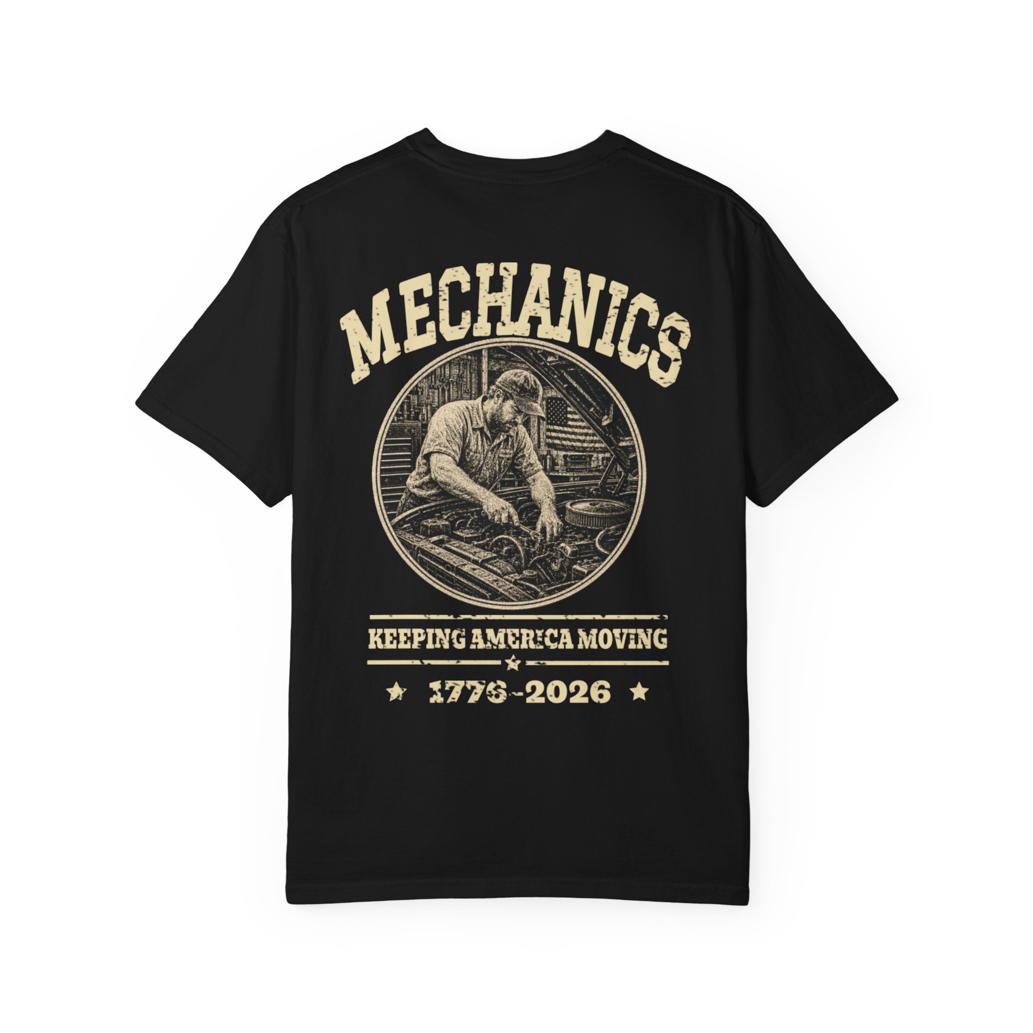 Black Mechanic Keeping America Running shirt laid flat to show the full back artwork