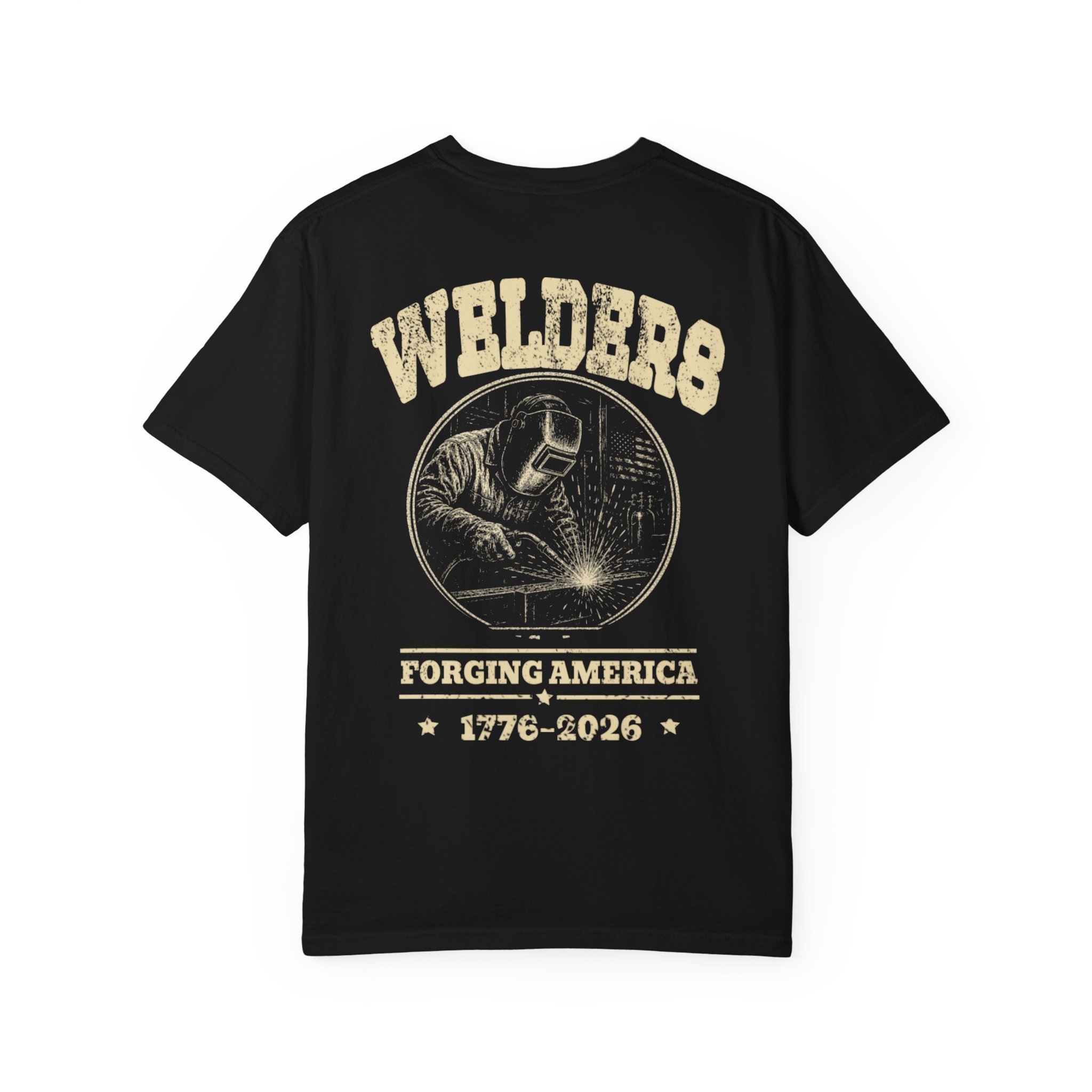 Black Welder Forging America shirt laid flat to show the full back artwork